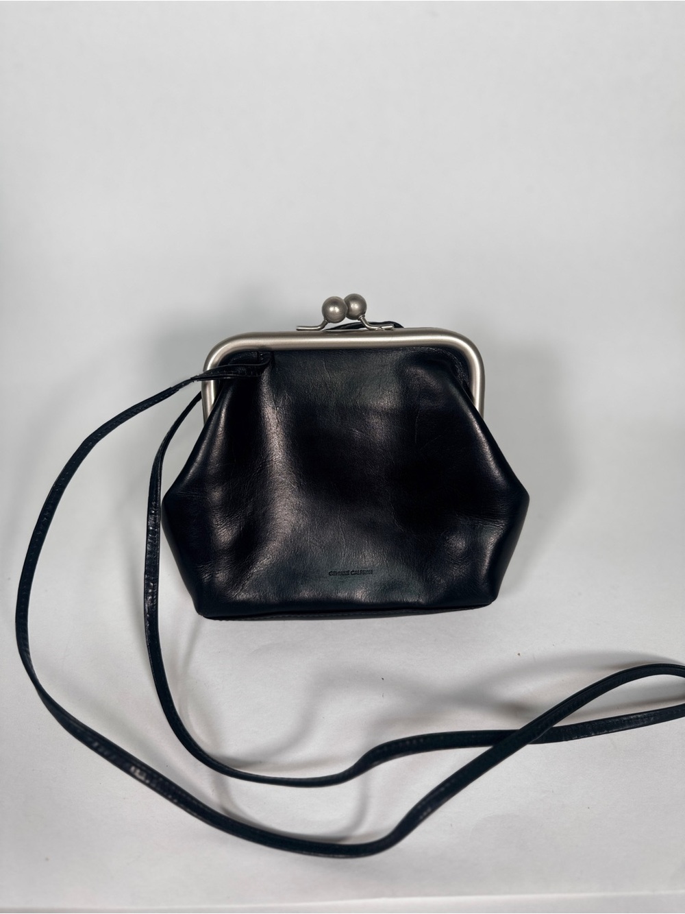 Black Genuine Calfskin Leather Kiss Lock Crossbody Frame Bag - Picture 2 of 10